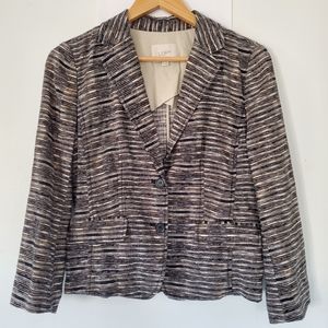 LOFT 6 Neutral Striped 100% Linen Blazer Jacket 2 Buttons Black Tan White Office
